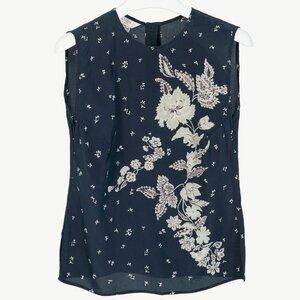 Max Mara Navy Floral Silk Sleeveless Blouse